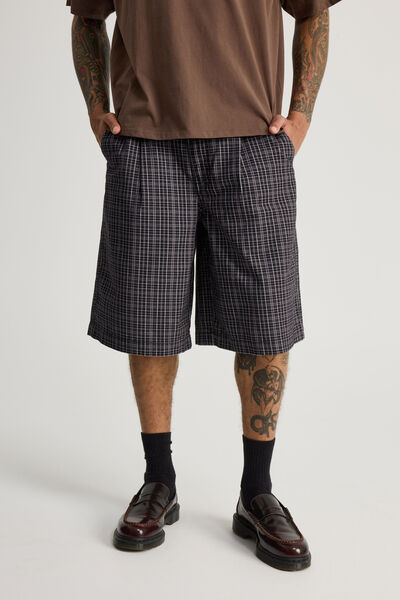 Half Half Pleated Woven Short, BLACK/GREY TONAL CHECK