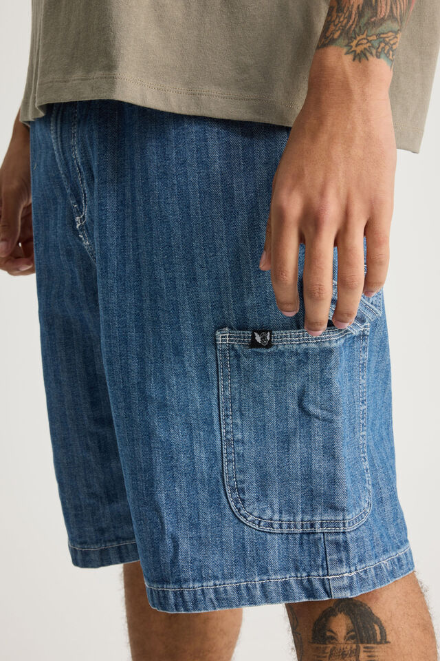 Half Half Painter Baggy Denim Short, HERRINGBONE BLUE