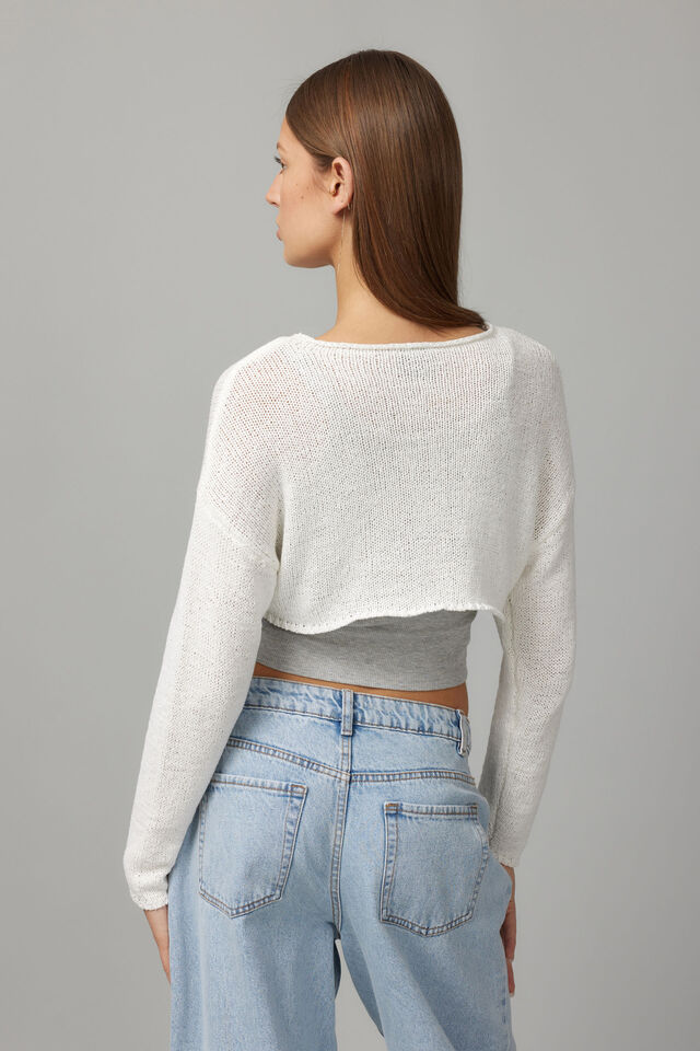 Open Knit Crop Jacquard Jumper, WHITE/CHERRY