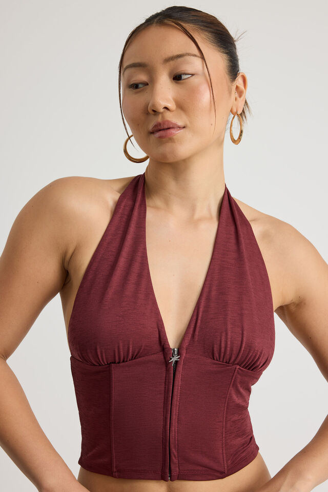 Zip Front Halter Top, BORDEAUX
