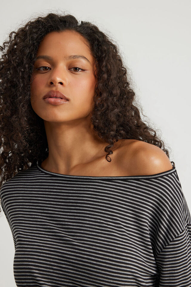 Long Sleeve Off Shoulder Top, BLACK/GUNMETALMARLE STRIPE