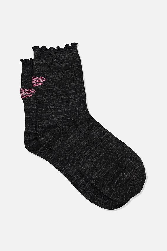 Embroidered Ruffle Edge Sock, BAD DECISIONS_BLACK LUREX