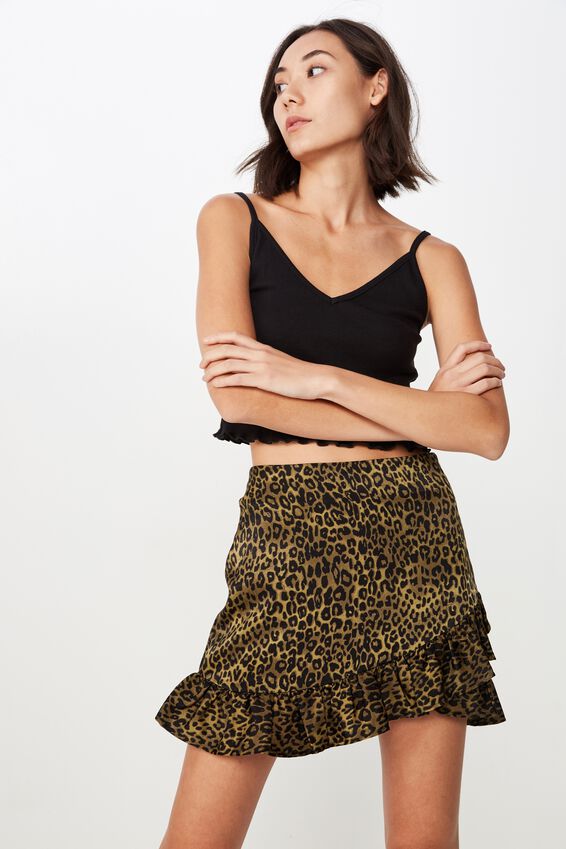 Satin Ruffle Skirt, KHAKI ANIMAL
