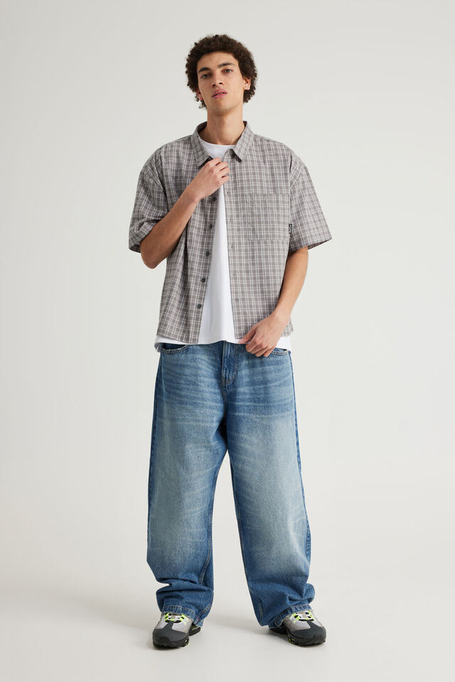 Half Half Boxy Cropped Short Sleeve Shirt, HH GREY WHT CHECK