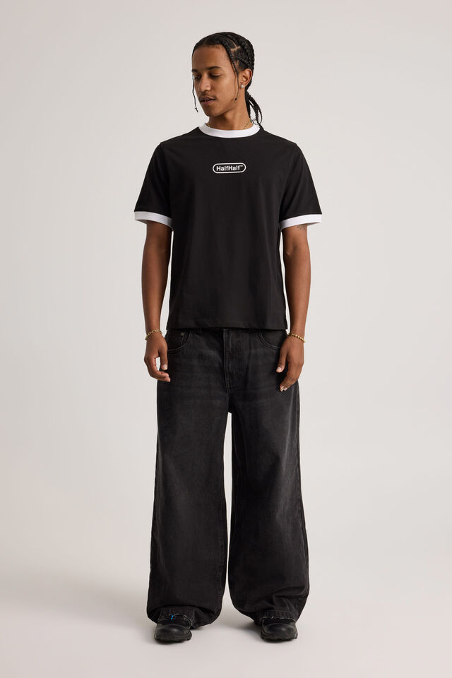 Half Half Slim Fit Ringer Tshirt, HH BLACK/WHITE WIDE HALF HALF PILL