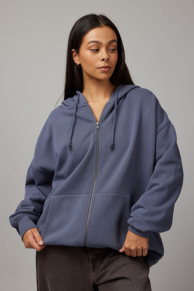 Washed Zip Through Hoodie, WASHED WORN BLUE