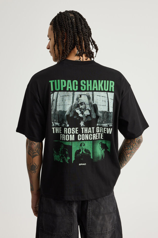 Box Fit Music Merch T Shirt, LCN BRA BLACK/TUPAC THE ROSE