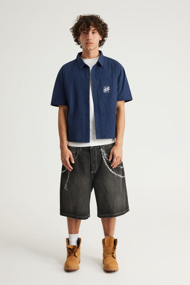 Notion Boxy Cropped Short Sleeve Shirt, NOTION BLUE CHECK/BACK SCRIPT & POCKET