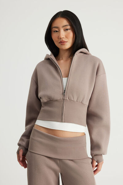 Authentics Shrunken Zip Through Hoodie, MUSHROOM