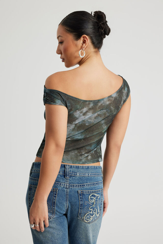 Textured Off Shoulder Top, GREY GREEN TIE DYE