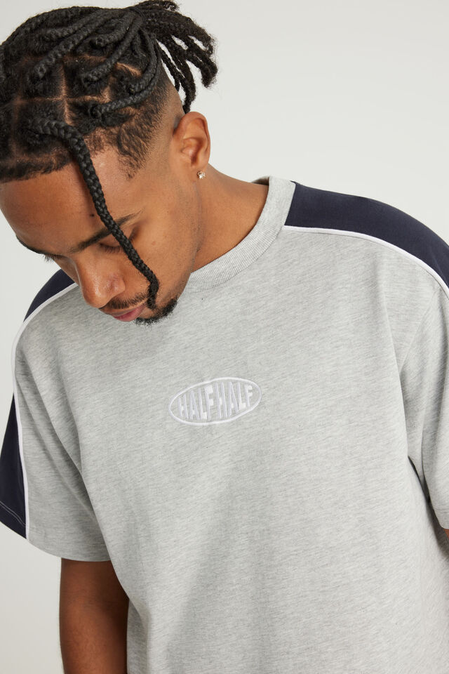 Half Half Panelled Tee, HH GREY MARLE/NAVY BLAZER PANELLED PILL