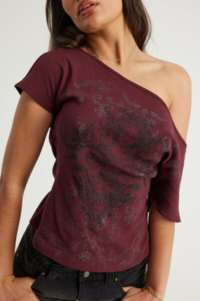 Off Shoulder Graphic Tee, BORDEAUX/SUMMER ROMANCE