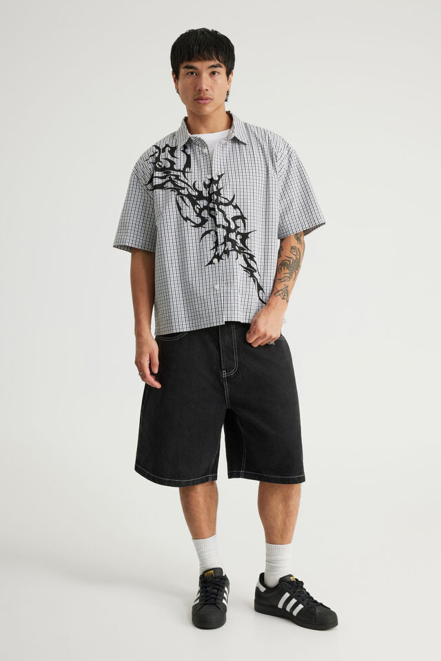 Notion Boxy Cropped Short Sleeve Shirt, NOTION WHT BLK CHECK GOTHIC ARTWORK