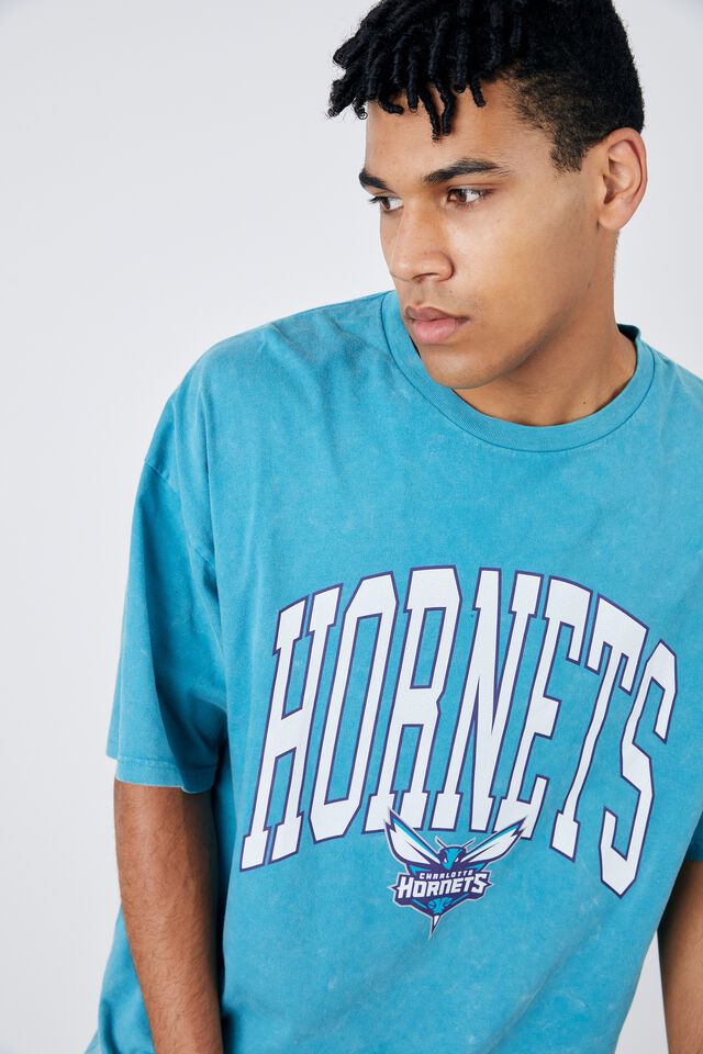 NBA Charlotte Hornets Oversized T Shirt, LCN NBA WASHED TEAL/HORNETS CURVED