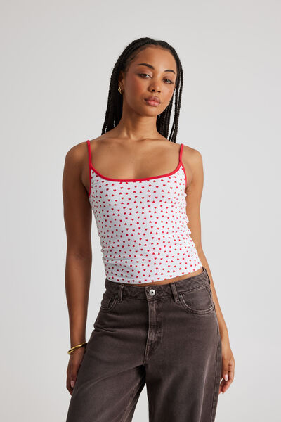 Printed Jersey Cami, WHITE/RED HEARTS