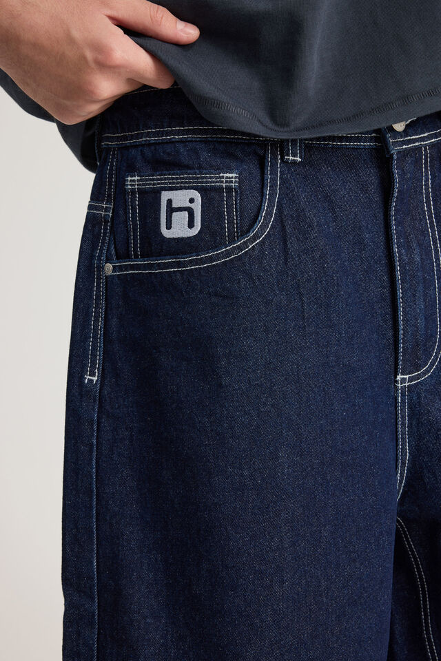 Half Half Painter Baggy Denim Short, RAW INDIGO/WHITE STITCH