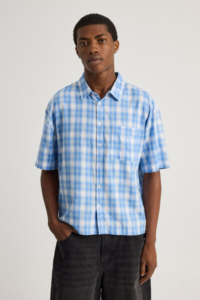 Half Half Boxy Cropped Short Sleeve Shirt, HH NAVY SPACE DYE