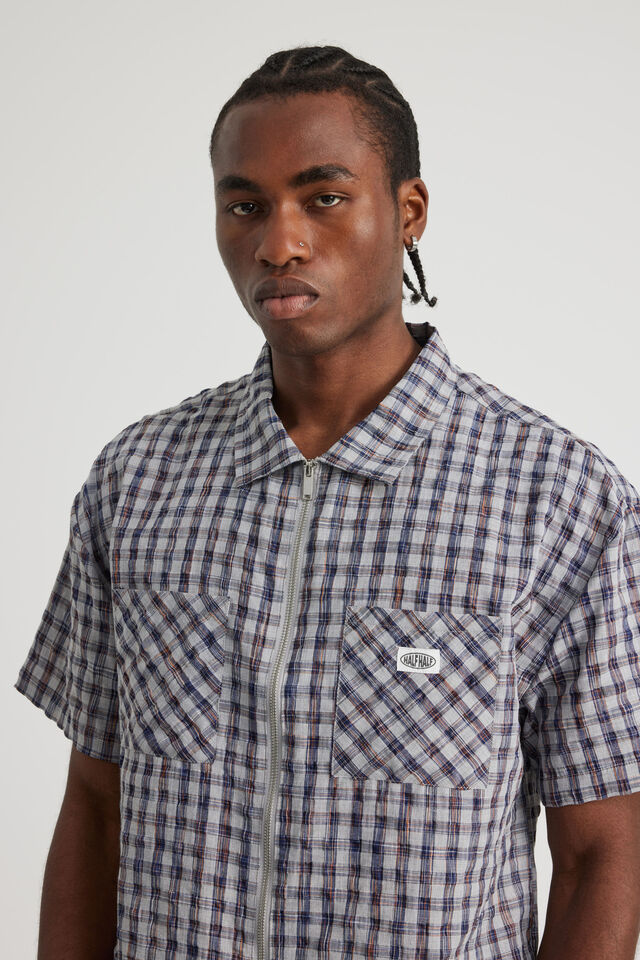 Half Half Boxy Cropped Ss Shirt With Zip, HH GREY CHECK SEERSUCKER