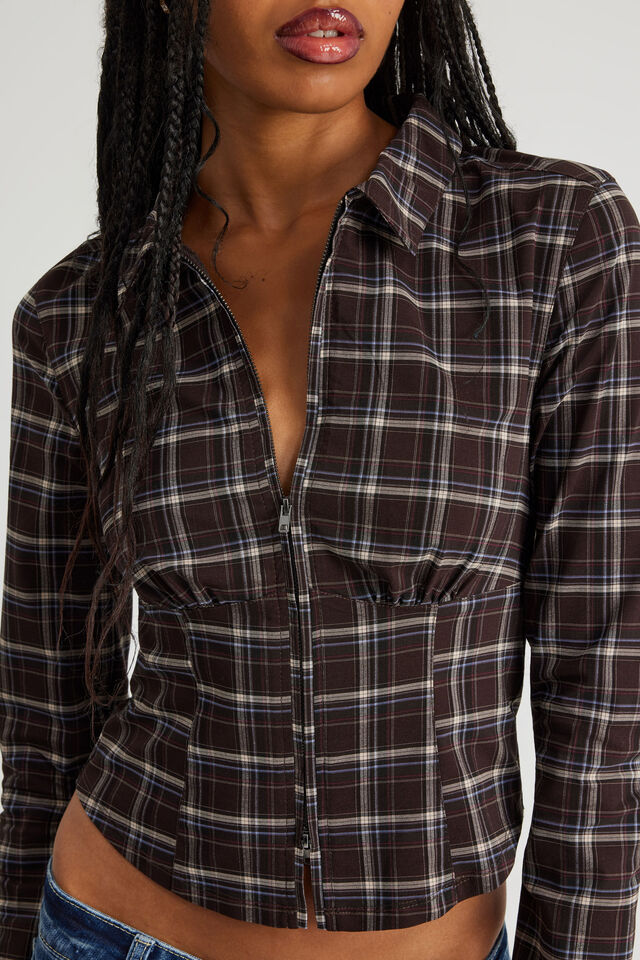 Long Sleeve Zip Through Shirt, BROWN CHECK