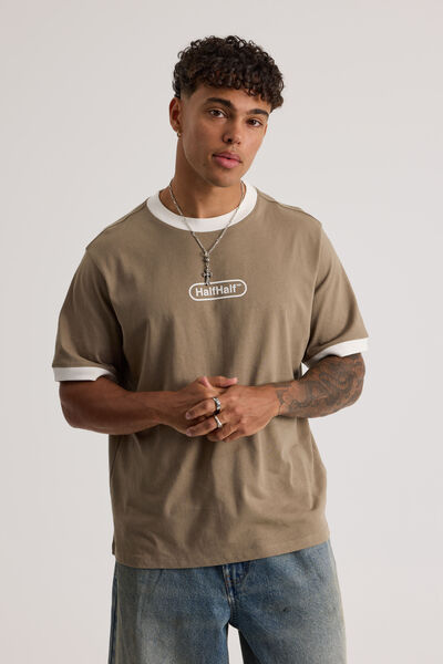 Half Half Slim Fit Ringer Tshirt, HH KHAKI MIST/CLOUD WIDE HALF HALF PILL