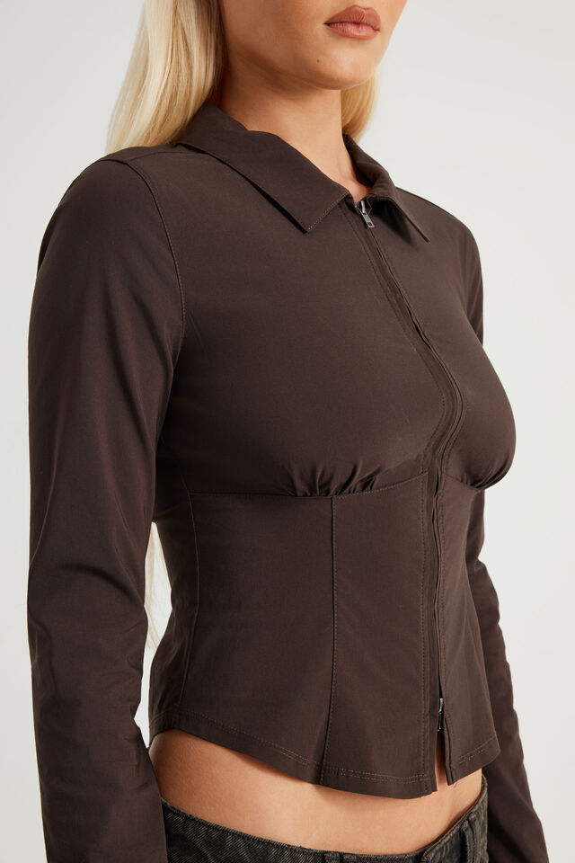 Long Sleeve Zip Through Shirt, UMBER