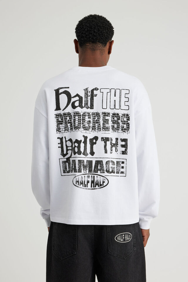 Half Half Long Sleeve Tshirt, HH WHITE/HALF THE DAMAGE