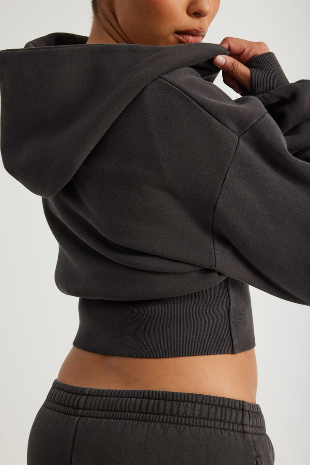 Authentics Shrunken Zip Through Hoodie, WASHED TRUE BLACK