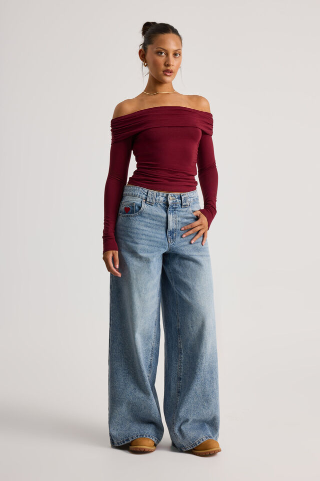 Shay Off Shoulder Long Sleeve Top, CHERRY LACQUER