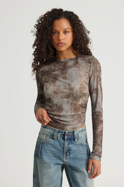 Fitted Long Sleeve Top, GREY BROWN TIE DYE