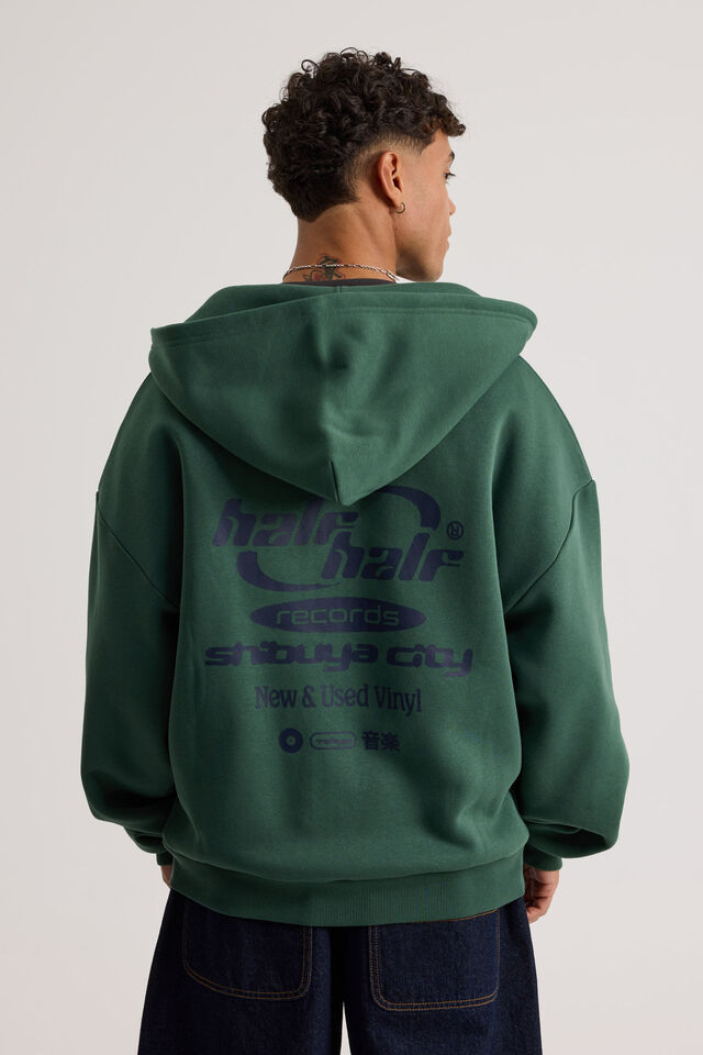 Half Half Zip Thru Hoodie, HH WASHED GREEN/HALF HALF SHIBUYA CITY