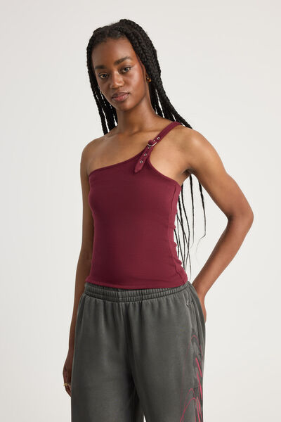 One Shoulder Buckle Top, BORDEAUX
