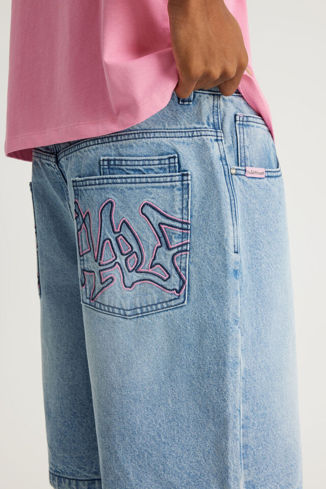 Half Half Baggy Denim Short, BLUE LAGOON/HH PINK OUTLINE