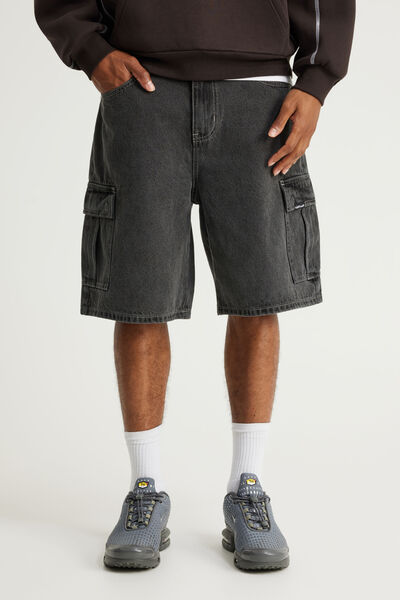 Half Half Cargo Denim Short, BLACK IRON