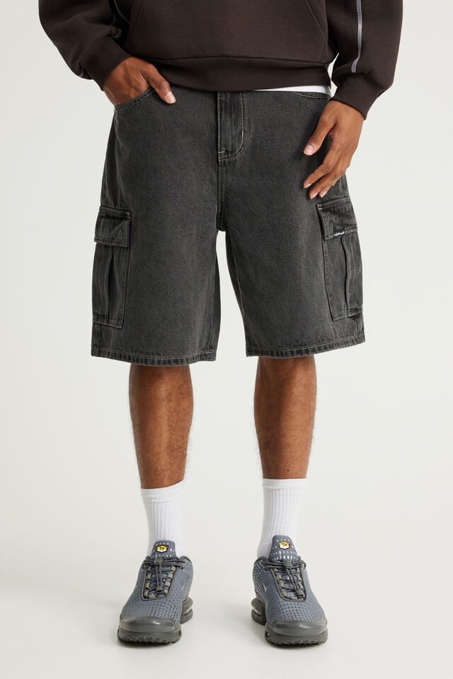Half Half Cargo Denim Short, BLACK IRON