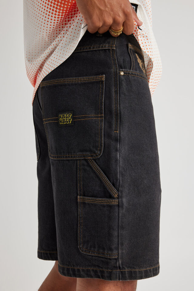 Half Half Painter Baggy Denim Short, BLACK STONE