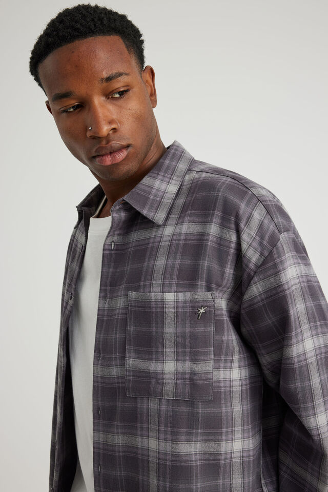 Notion Boxy Cropped Long Sleeve Shirt, NOTION WASHED PURPLE GREY FLANNEL