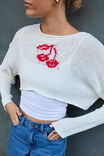 Open Knit Crop Jacquard Jumper, WHITE/CHERRY - alternate image 1