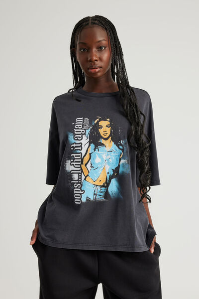 Oversized Music Merch Tee, LCN BRA WASHED BLACK/BRITNEY SPEARS OOPS