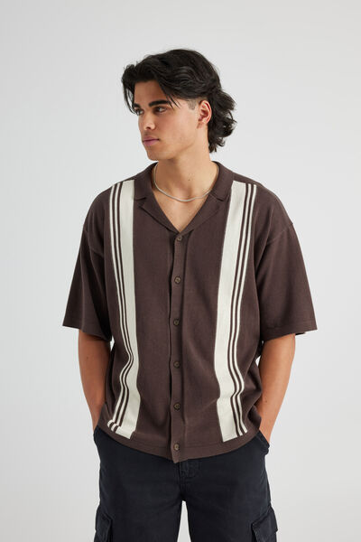 Boxy Knit Shirt, CHOC/IVORY STRIPE