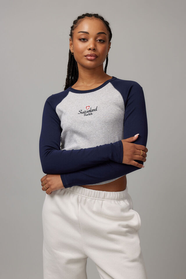 Long Sleeve Raglan Curve Hem Tee, GREY MARLE/NAVY SWITZERLAND