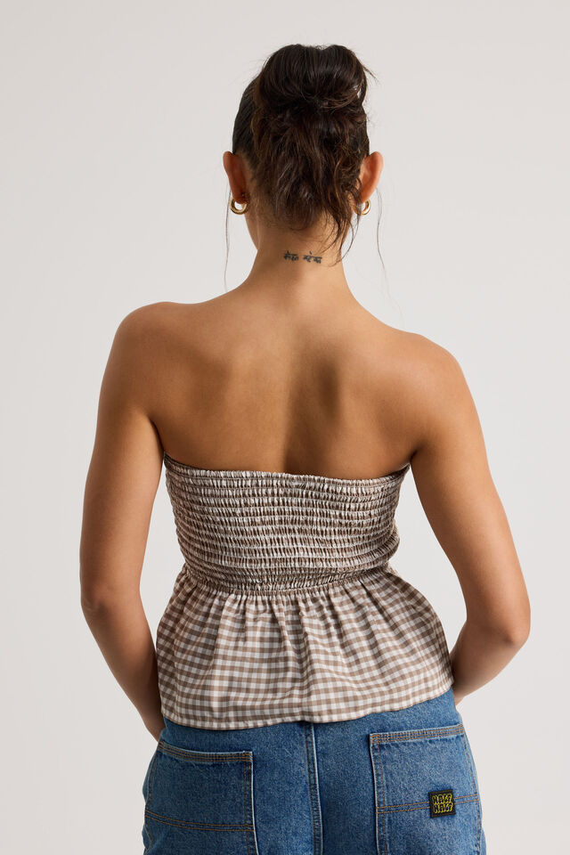 Ari Shirred Bandeau, BROWN GINGHAM