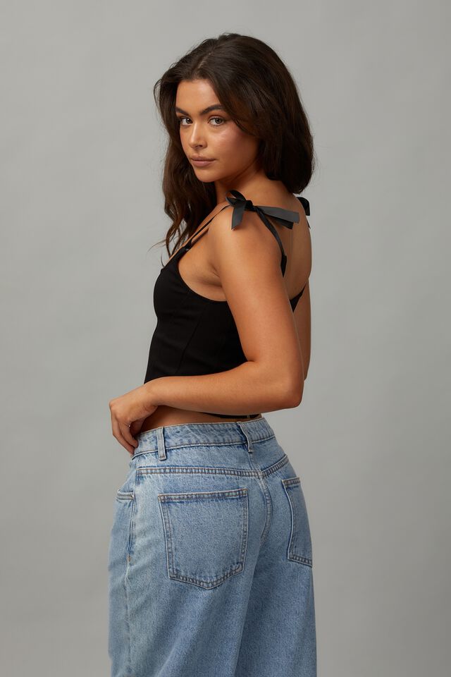 Denim Ribbon Corset, BLACK