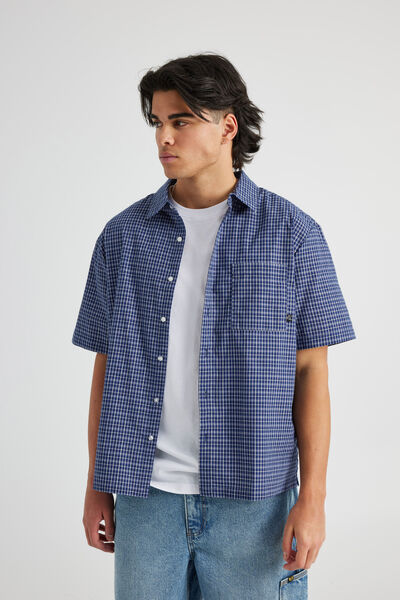 Half Half Short Sleeve Shirt, INK BLUE CHECK