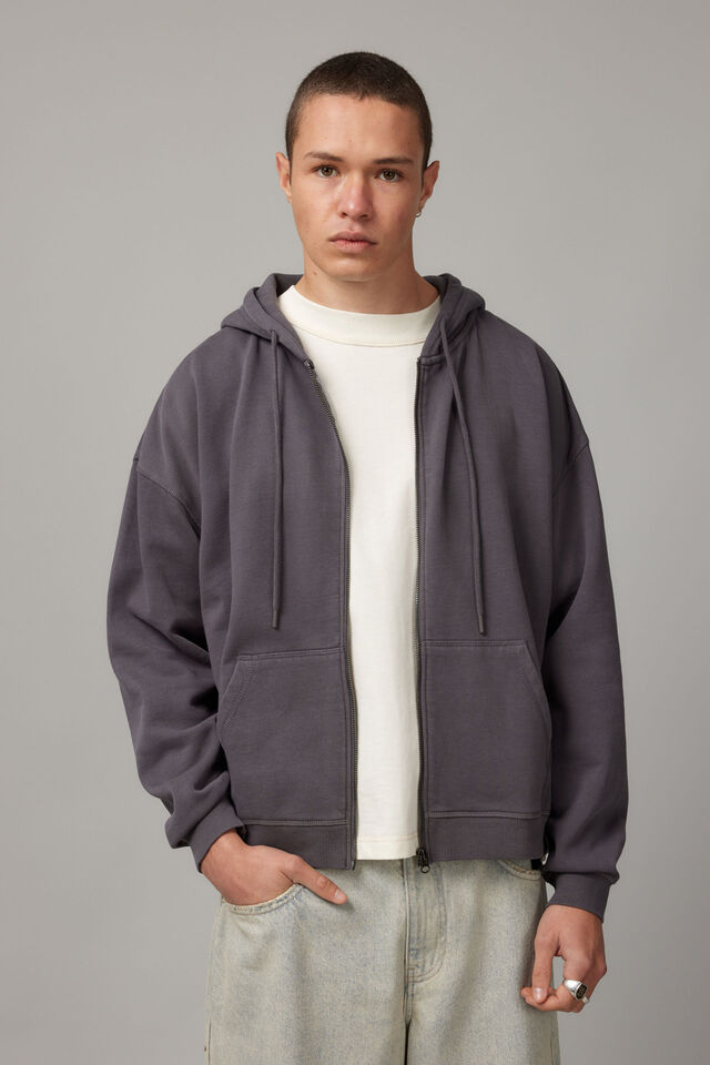 Washed Boxy Zip Thru Hoodie, WASHED SMOKE