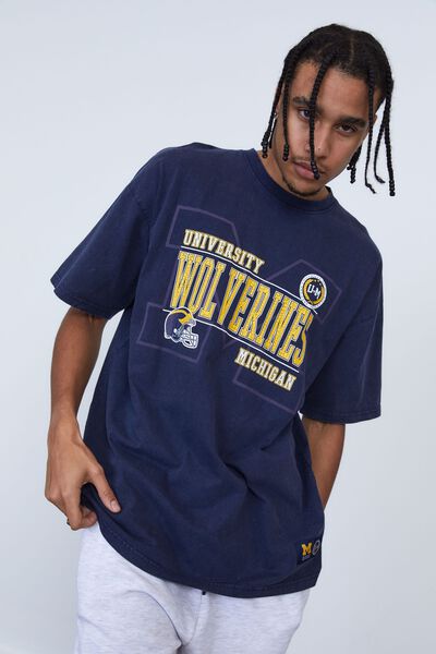 Oversized College T Shirt, LCN MIC WASHED NAVY/WOLVERINES