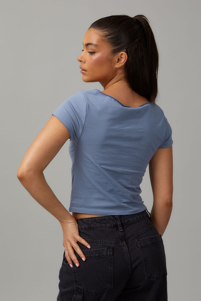 Gathered Front V- Neck Tee, DUSTY BLUE