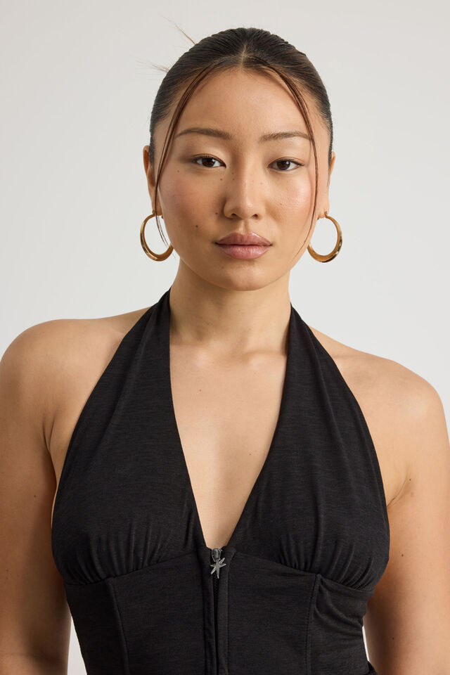 Zip Front Halter Top, BLACK