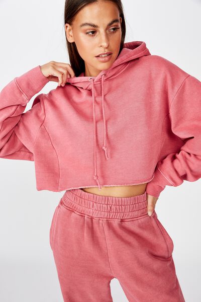 Cropped Raw Edge Hoodie, WASHED VINTAGE RED