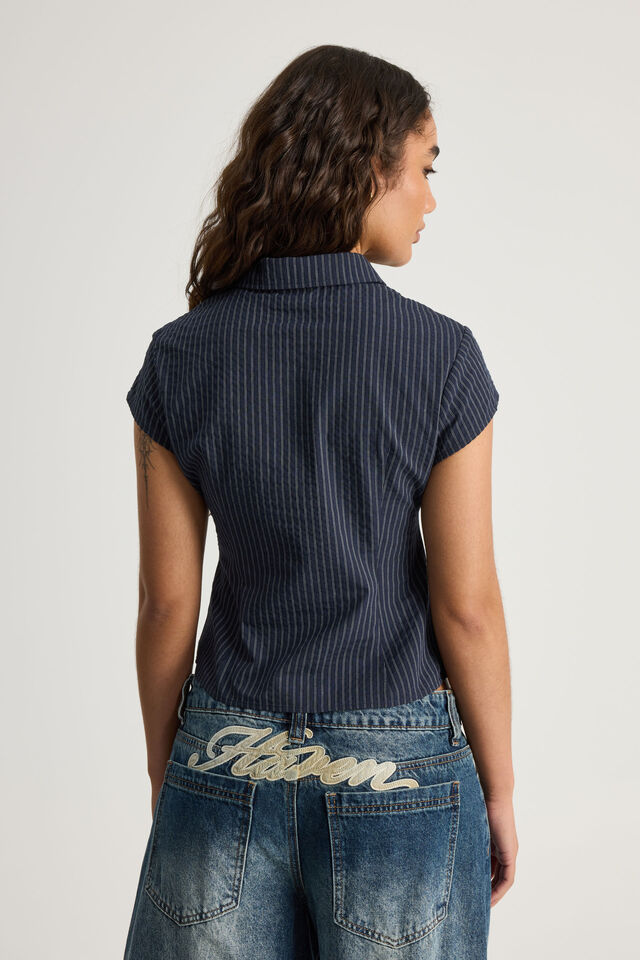 Short Sleeve Fitted Shirt, NAVY PINSTRIPE