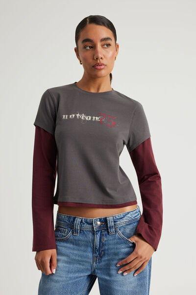Layered Long Sleeve Top, WASHED BLACK BORDEAUX/NTN 75
